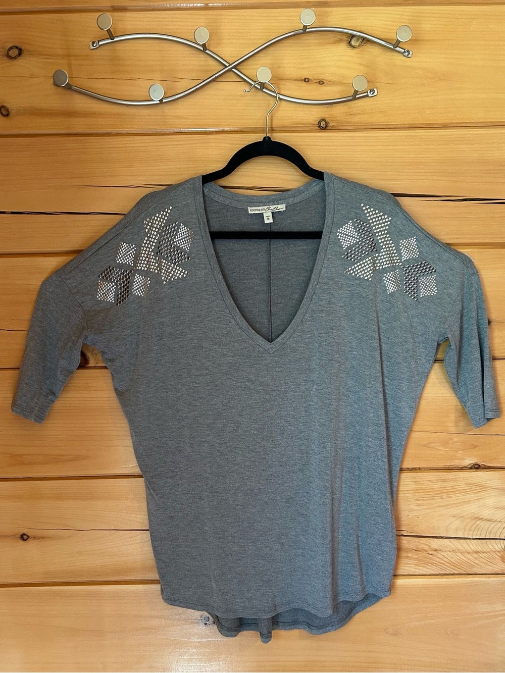 Express Gray V-Neck Short Sleeve Top with Studded Shoulder Detail